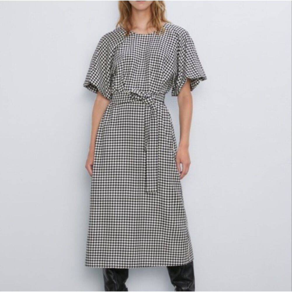 Zara Belted Houndstooth Midi Dress Pouf Sleeves L Academia Preppy Old Money